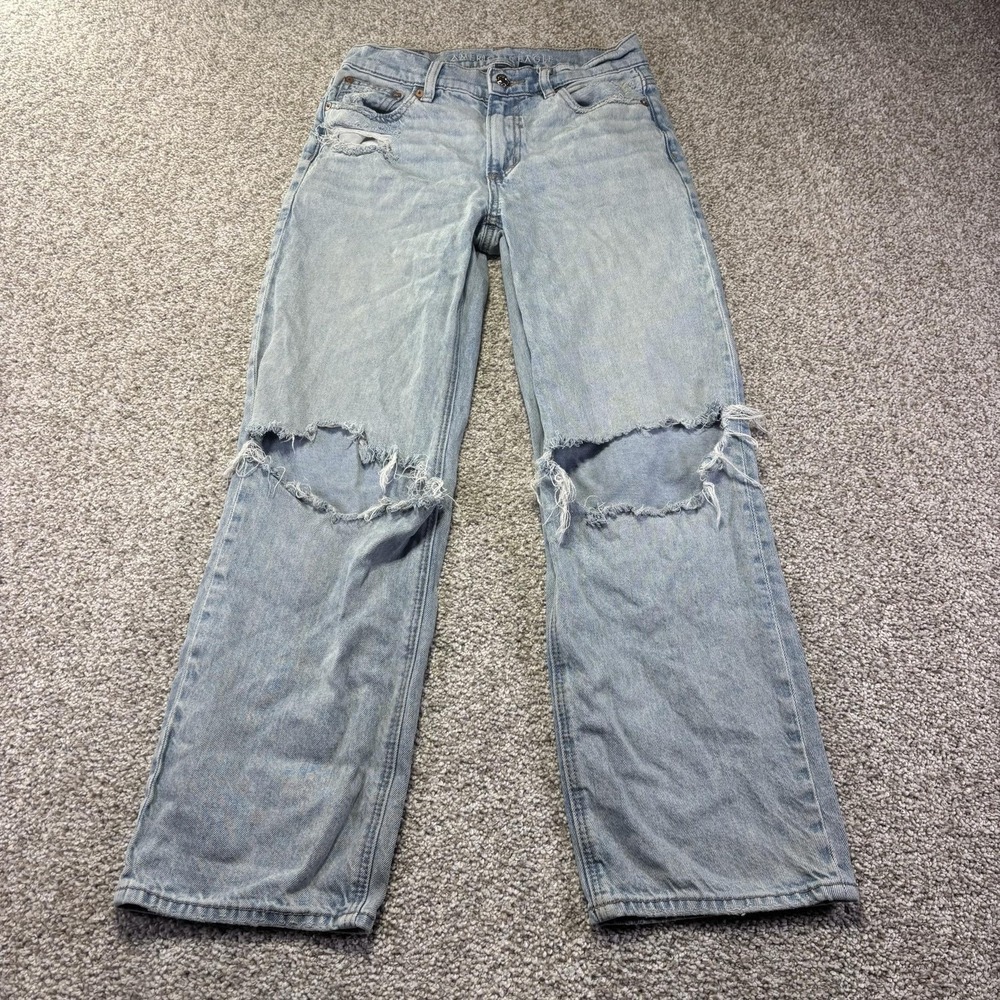 American Eagle Stovepipe Jeans Womens 00 Short Blue Light Wash Distressed